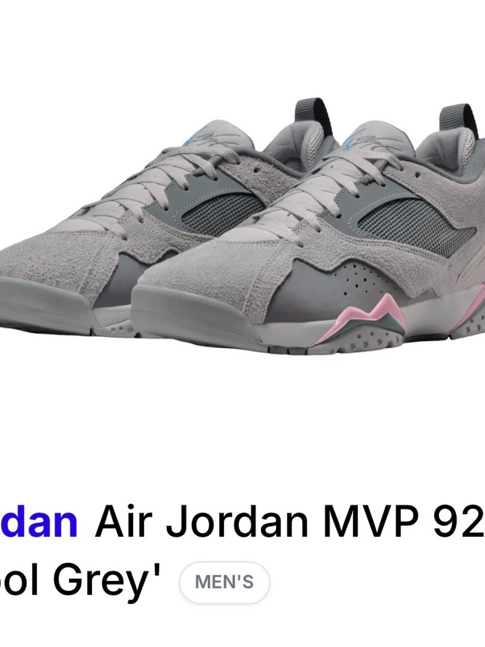 Jordan MVP 92 Low Men's Sneakers - Cool Grey with Pink Accent